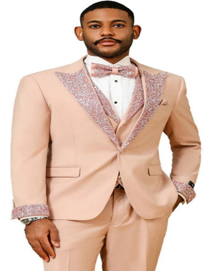 Rose Gold Prom Tuxedo - Perfect Wedding Suit Vested Rhinestone Lapelled by USA Men's Outlet