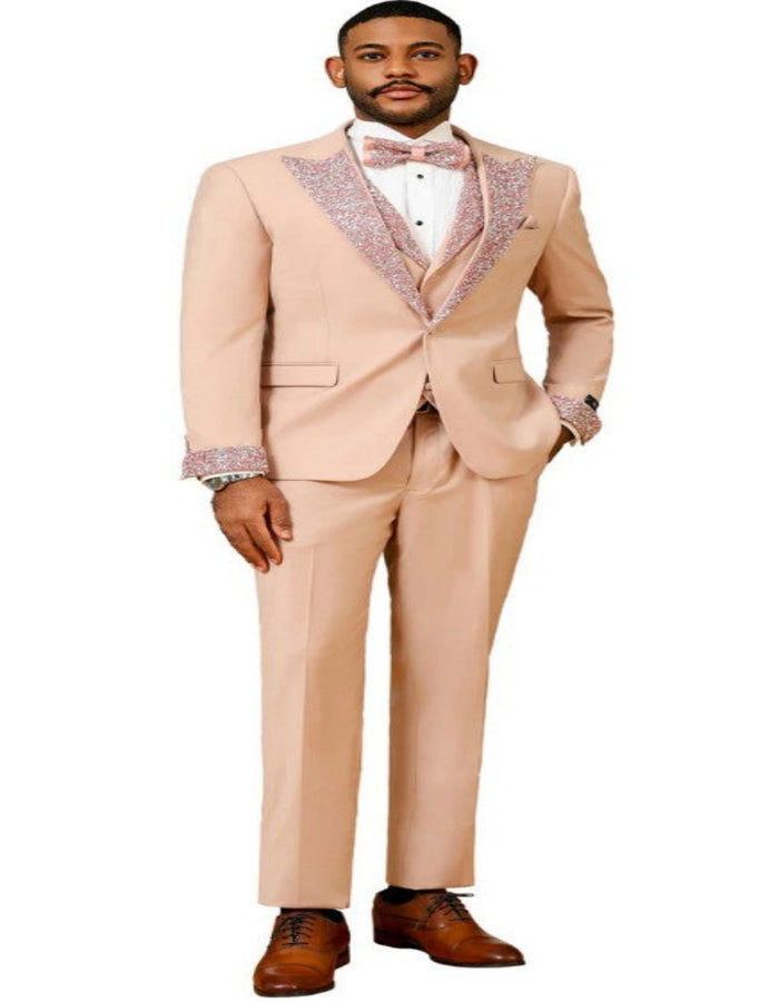 Rose Gold Prom Tuxedo - Perfect Wedding Suit Vested Rhinestone Lapelled by USA Men's Outlet