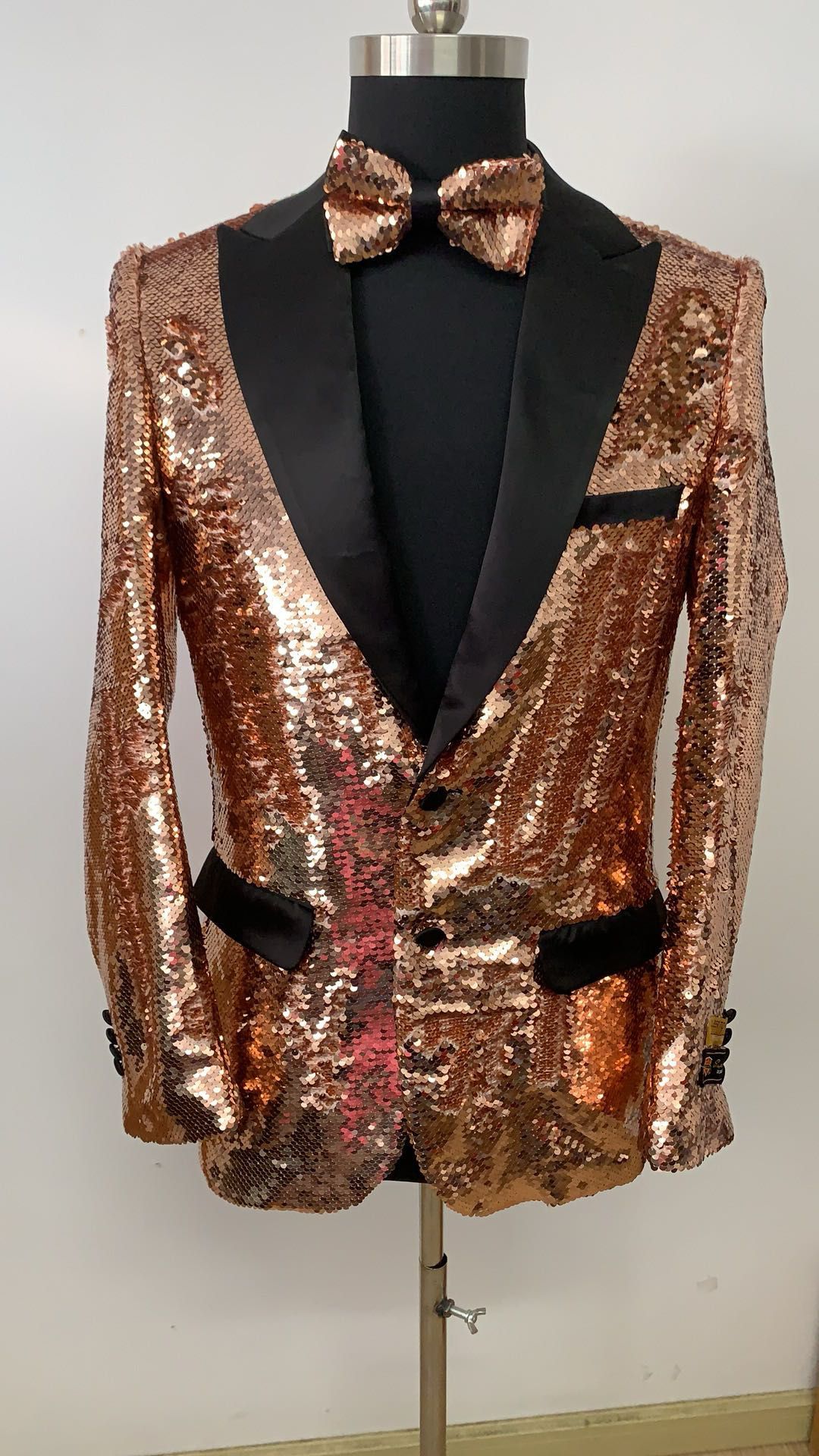 Mens Rose Gold Sequin Tuxedo Jacket with Black Satin Shawl Lapel and Matching Bow Tie by USA Men's Outlet