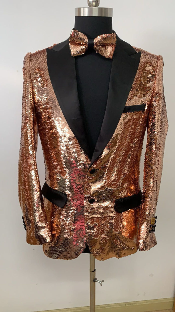 Mens Rose Gold Sequin Tuxedo Jacket with Black Satin Shawl Lapel and Matching Bow Tie by USA Men's Outlet