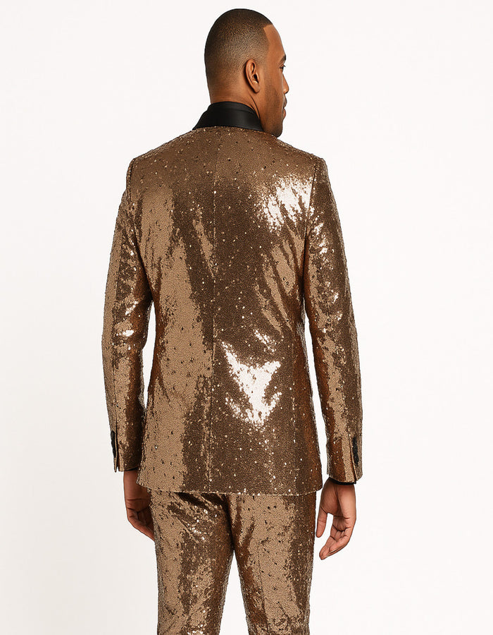Men's Rose Gold Sequin Tuxedo Suit with Black Satin Lapel - Luxury Slim Fit Blazer for Parties and Events by USA Men's Outlet