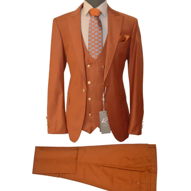 Rossi Man Rust Mens Slim Fit Suit Double Breast Vest Flat Front Pants