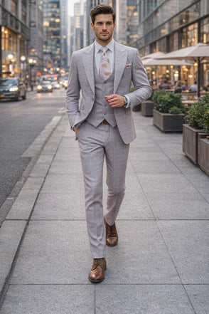 Rossiman Sharkskin Gray Plaid Suit - Double-Breasted Windowpane Suit for Men - Italian Tailored Elegance by USA Men's Outlet