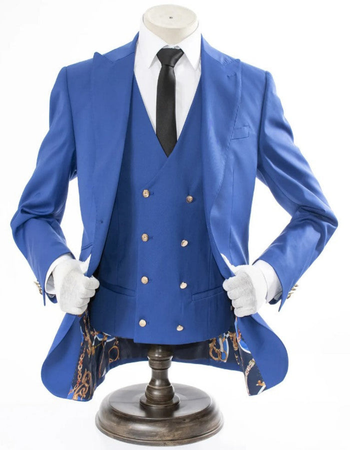 Royal Blue 3-Piece Slim-Fit Suit with Gold Buttons by USA Men's Outlet