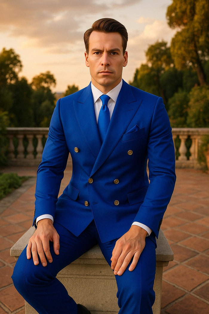 Mens Royal Blue Double-Breasted Suit with Gold Buttons - Slim Fit Formal 2-Piece Set by USA Men's Outlet