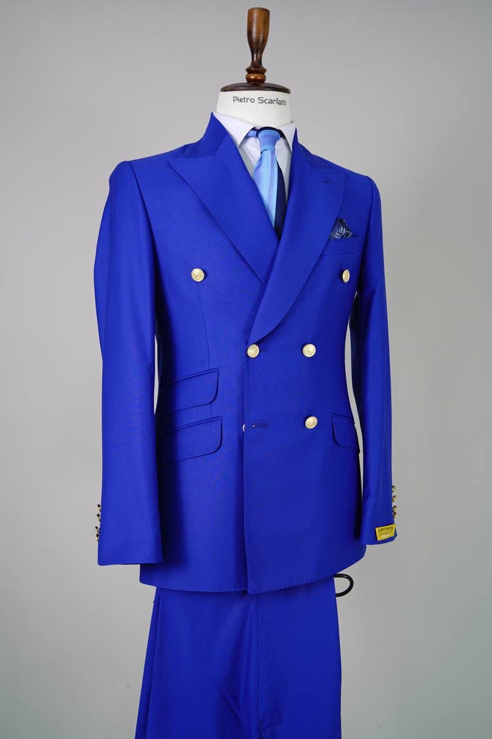 Mens Royal Blue Double-Breasted Suit with Gold Buttons - Slim Fit Formal 2-Piece Set by USA Men's Outlet