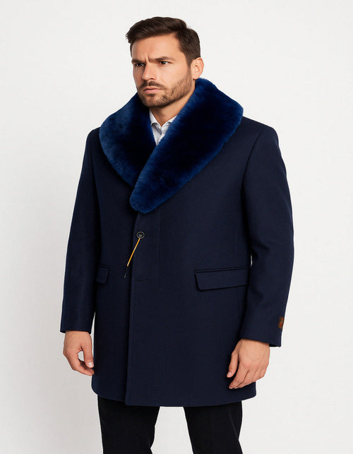 Mens Navy Wool Overcoat with Royal Blue Faux Fur Shawl Collar Cashmere Carcoat by USA Men's Outlet