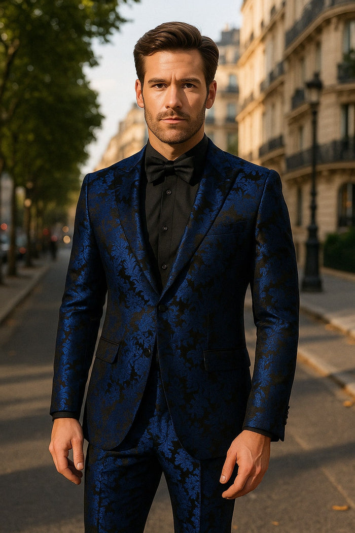 Mens Royal Blue Metallic Floral Suit - Black Background Two Piece Tuxedo Set by USA Men's Outlet