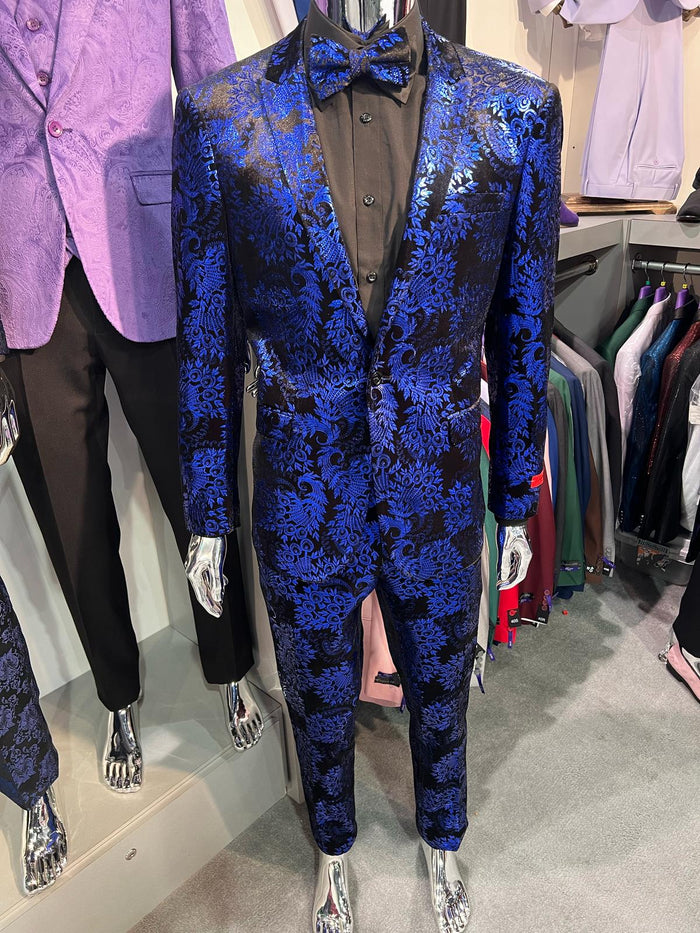 Mens Royal Blue Metallic Floral Suit - Black Background Two Piece Tuxedo Set by USA Men's Outlet