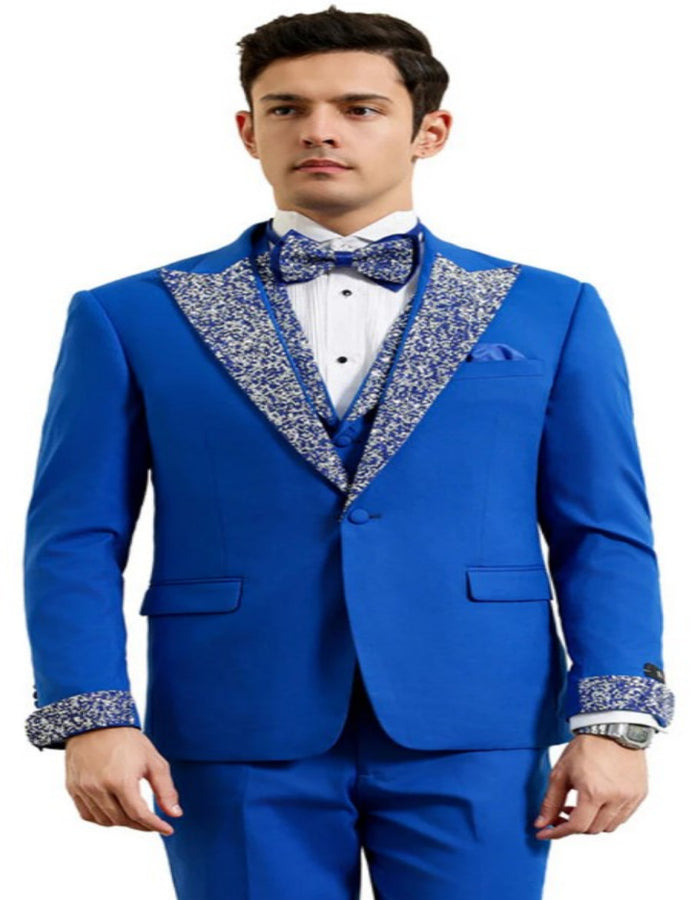 Royal Blue Prom Tuxedo - Perfect Wedding Suit Vested Rhinestone Lapelled by USA Men's Outlet