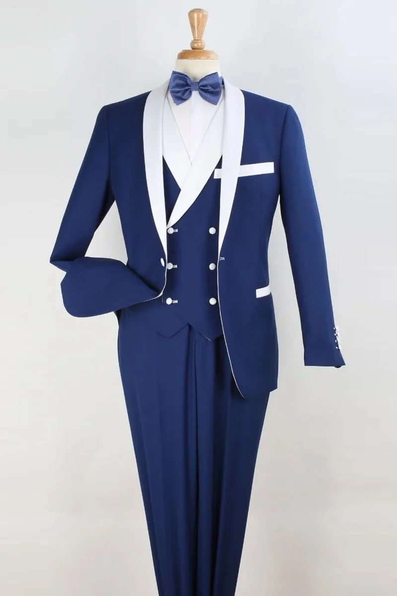 White Tuxedo With Royal Blue Sateen Stripe Pants main image 1
