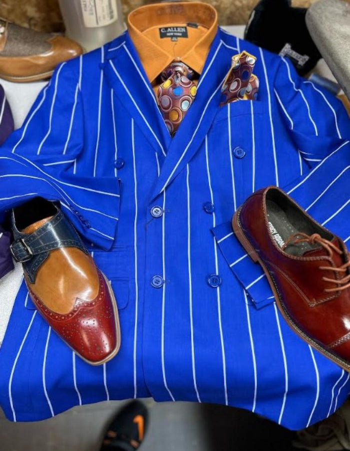 Mens Double Breasted Blazer Suit Jacket - Bold Pinstripe Sport Coat in Royal and White Pinstripe by USA Men's Outlet