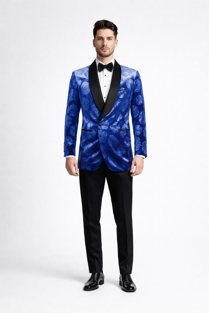 Royal Blue Rose Statement Tuxedo Jacket - Slim Fit with Shawl Lapel by USA Men's Outlet