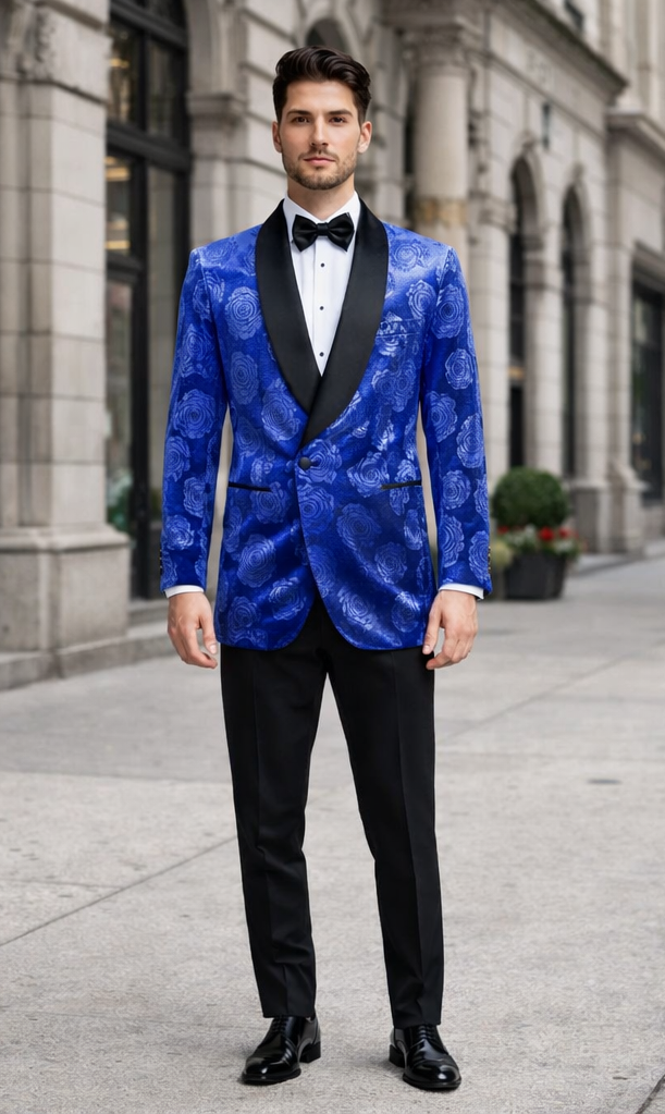 Royal Blue Rose Statement Tuxedo Jacket - Slim Fit with Shawl Lapel by USA Men's Outlet