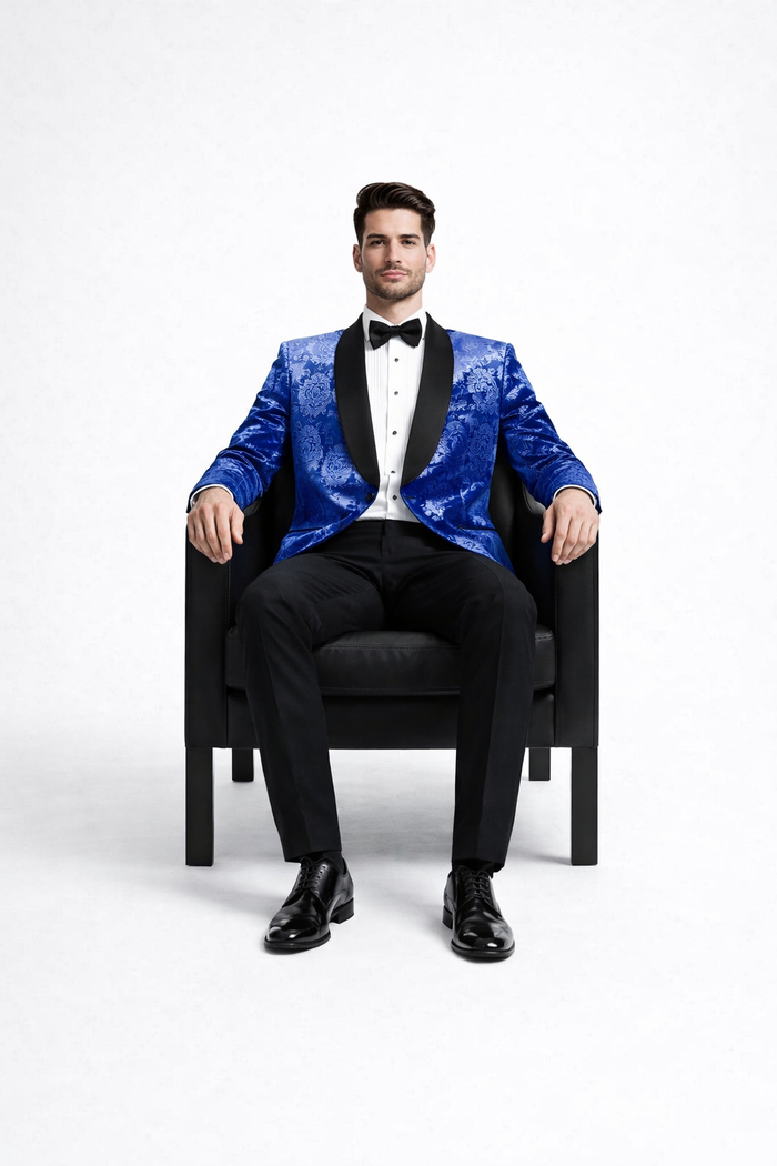 Royal Blue Rose Statement Tuxedo Jacket - Slim Fit with Shawl Lapel by USA Men's Outlet