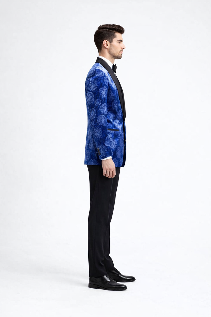 Royal Blue Rose Statement Tuxedo Jacket - Slim Fit with Shawl Lapel by USA Men's Outlet