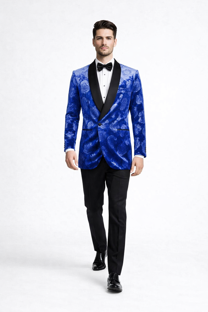 Royal Blue Rose Statement Tuxedo Jacket - Slim Fit with Shawl Lapel by USA Men's Outlet