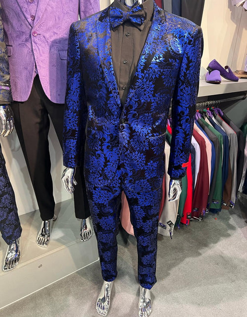 Men’s Royal Blue and Black Floral Tuxedo Suit - Slim Fit 2 Piece Formal Outfit with Matching Bow Tie by USA Men's Outlet