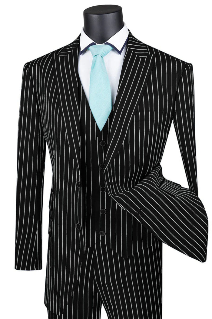 Mens Classic Vested Pinstripe Suit in Medium Grey by Vinci