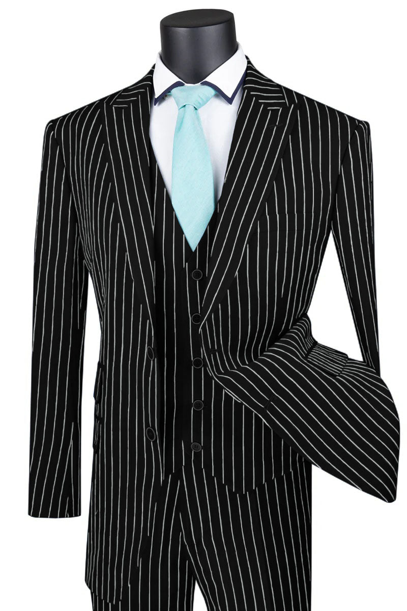 Mens Classic Vested Pinstripe Suit in Medium Grey by Vinci