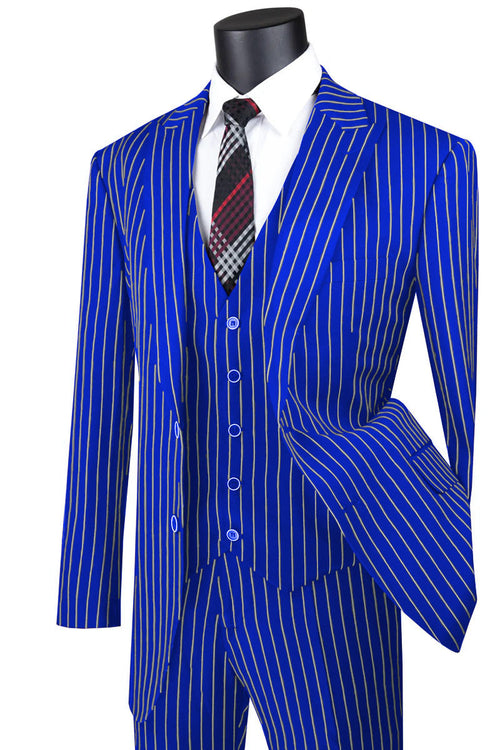 Mens Classic Vested Shiny Sharkskin Blue Suit by Vinci