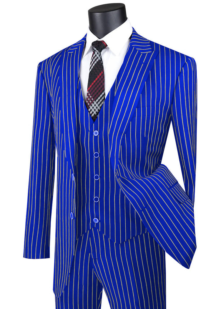 Mens Classic Vested Shiny Sharkskin Blue Suit by Vinci