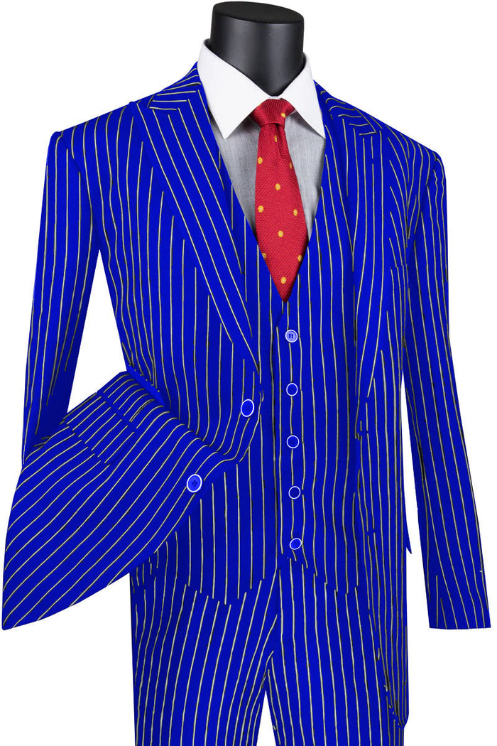 Mens Classic Vested Shiny Sharkskin Blue Suit by Vinci
