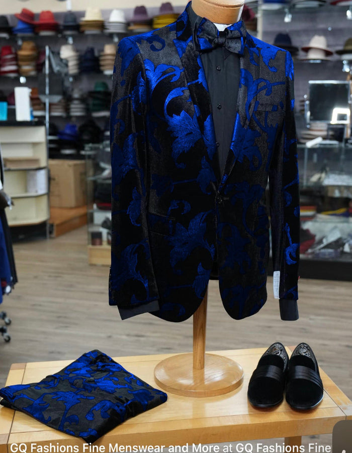 Mardi Gras Suit - Royal Blue and Black Paisley Tuxedo Dinner Jacket + Matching Pants - Velvet Fabric Slim Fitted USA Men's Outlet