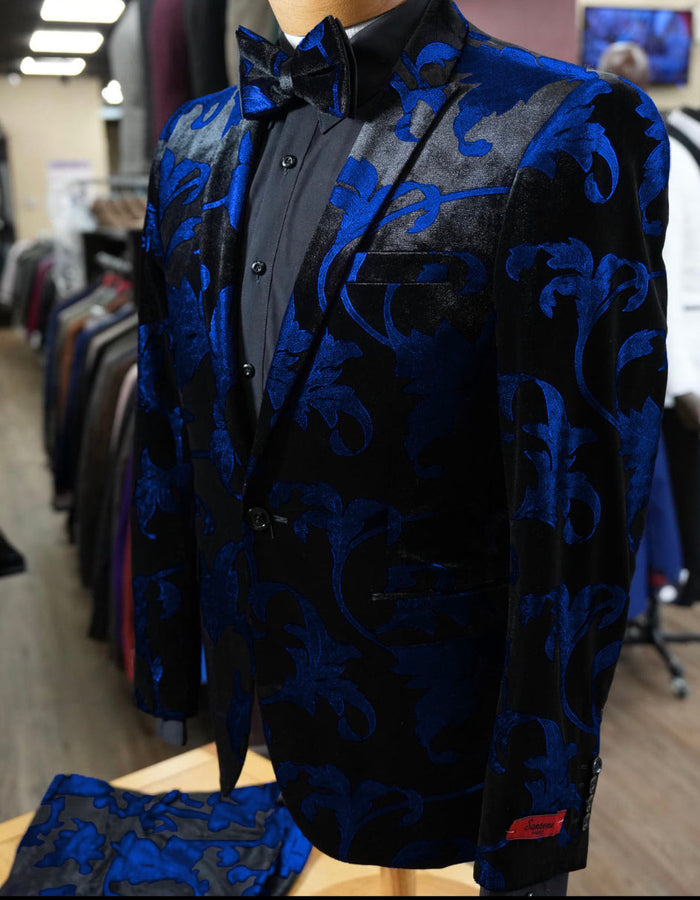 Mardi Gras Suit - Royal Blue and Black Paisley Tuxedo Dinner Jacket + Matching Pants - Velvet Fabric Slim Fitted USA Men's Outlet