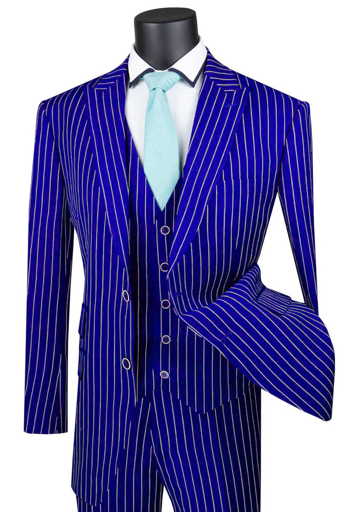 Mens Classic Vested Pinstripe Suit in Medium Grey by Vinci