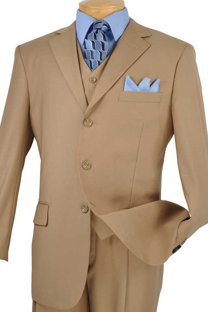 Mens 3 Button Vested Basic Wool Feel Suit in Brown by Vinci
