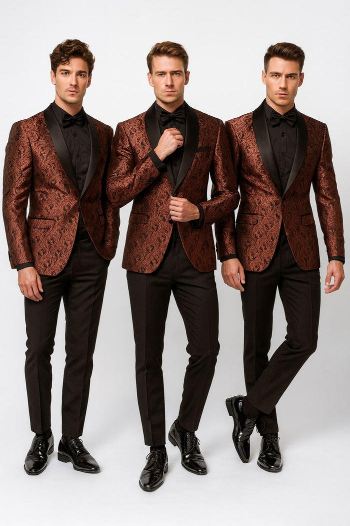 Mens Rust Copper Brick Color Paisley Tuxedo Jacket Dinner and Wedding Blazer With Black Pants Matching Bowtie by USA Men's Outlet