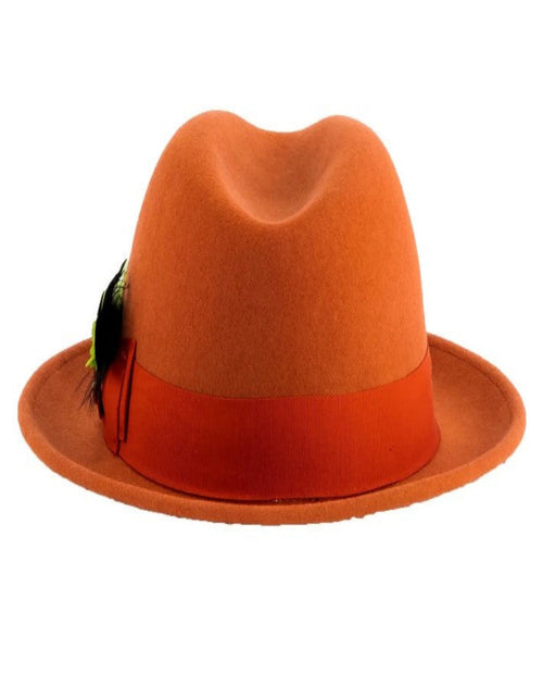 Rust Dress Hat 1920s Fedora Style - Mens Narrow Brim Crushable Wool Dress Hat Trilby Fedora in Orange Rust USA Men's Outlet