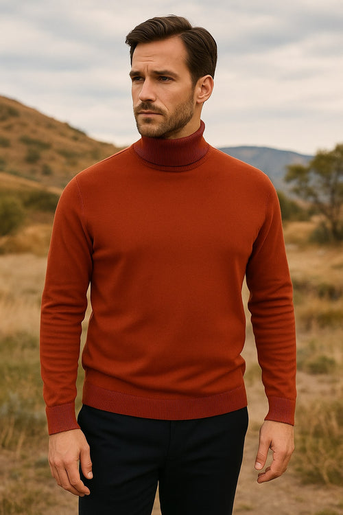 Mens Rust Red Turtleneck Sweater - Slim fit Lightweight Knit Pullover in Brick Color by USA Men's Outlet