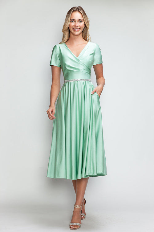 Lenovia 5274 V-Neck Short Sleeve Midi Cocktail Dress with Rhinestone Waist Formal & Wedding Guest Attire