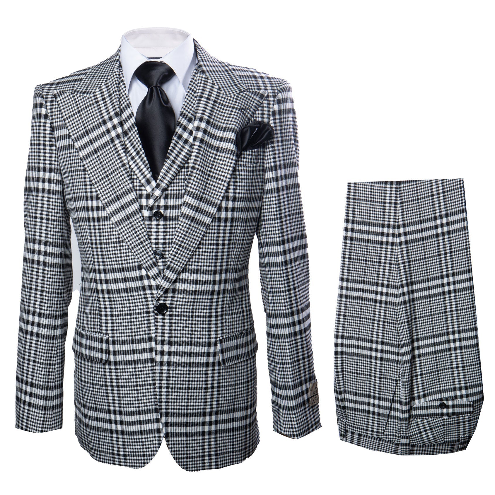 Men’s Black & White Plaid 3-Piece Suit Set – Premium Slim Tailored Fit Formal Wedding, Party & Business Suit by Rossiman RM2310 – SuitUSA