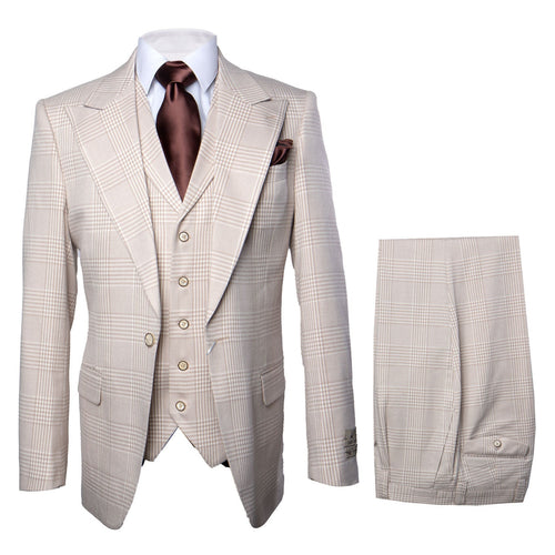 Men’s Cream Beige Windowpane 3-Piece Suit Set – Premium Tailored Fit Formal Wedding & Event Plaid Suit Light Cream Sand Color By Rossiman RM2314