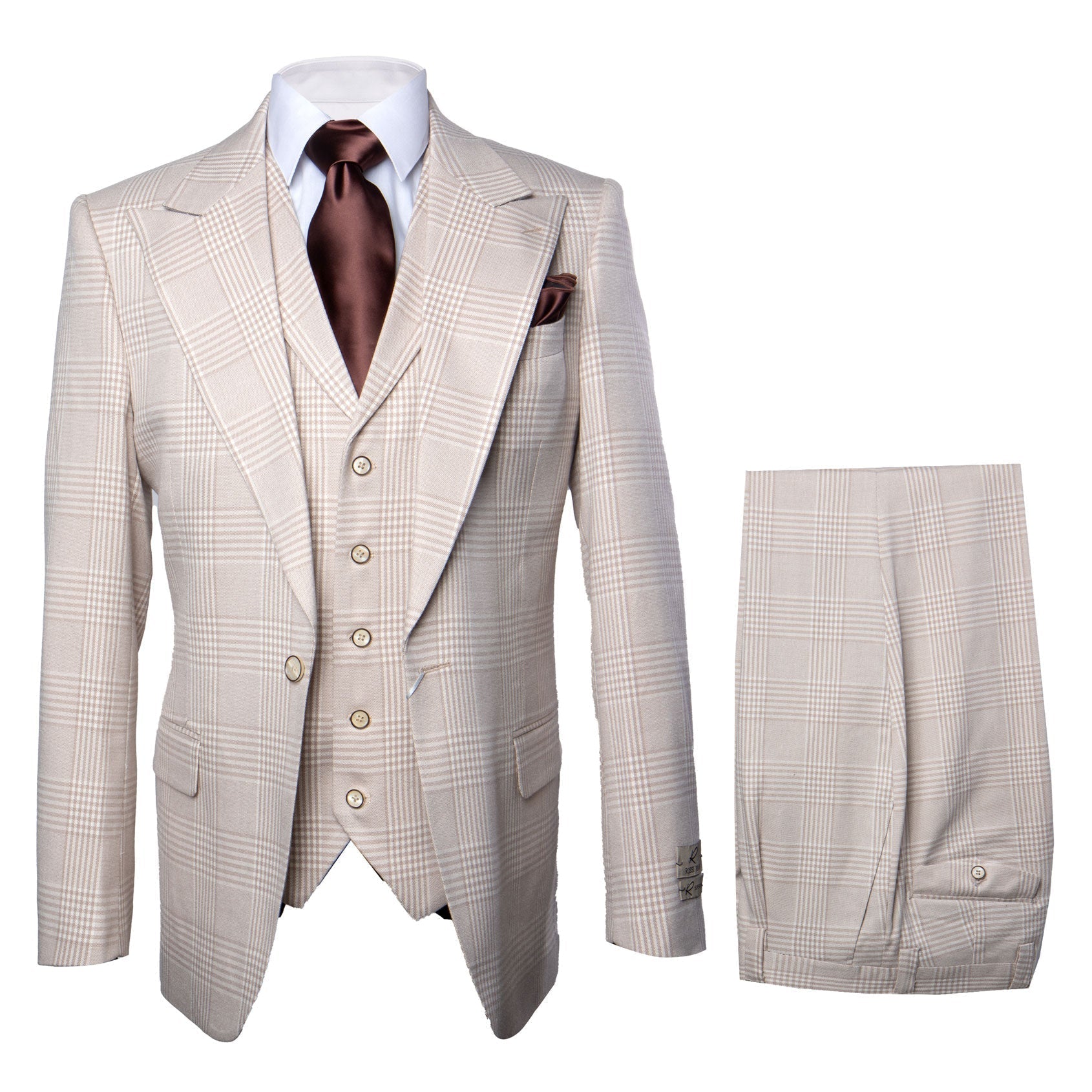 Men’s Cream Beige Windowpane 3-Piece Suit Set – Premium Tailored Fit Formal Wedding & Event Plaid Suit Light Cream Sand Color By Rossiman RM2314