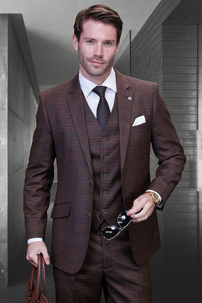 Men's Copper Plaid Wool Suit with Vested Detail