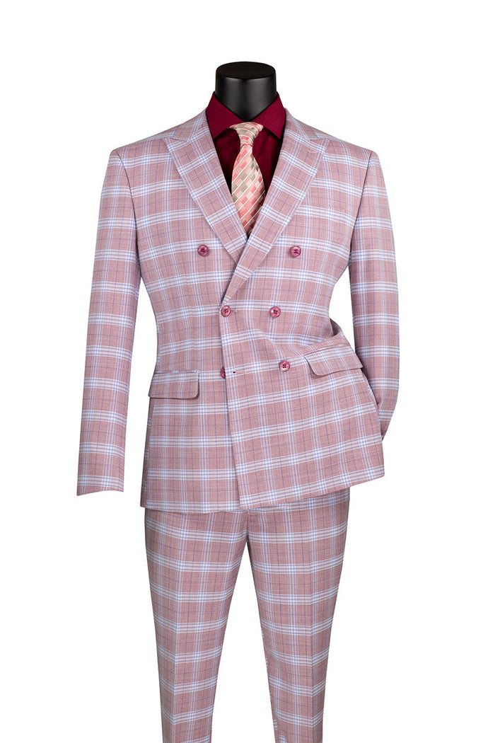 Modern Fit Windowpane Suit 3 Piece with U-Neck Vest in Light Beige by Vinci