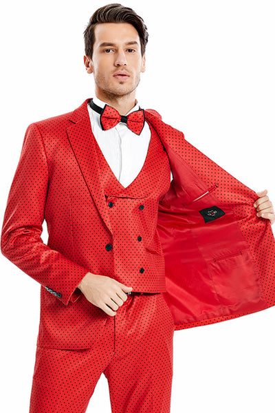Men's Mini Polka Dot Vested Suit in Red & Black