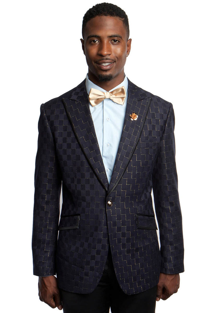Men's Navy & Gold Peak Lapel Blazer by Tazio Suits