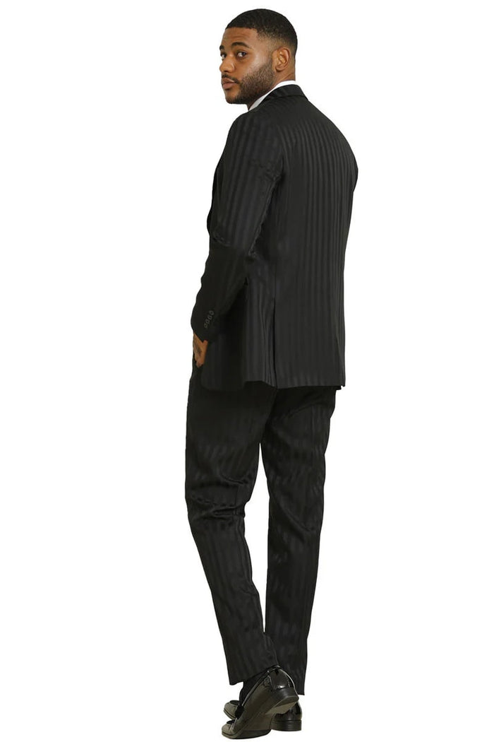 Stacy Adams Modern Fit Black Suit - Vested Tonal Shadow Pinstripe Style at USA Men's Outlet