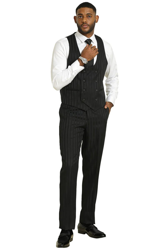 Stacy Adams Modern Fit Black Suit - Vested Tonal Shadow Pinstripe Style at USA Men's Outlet