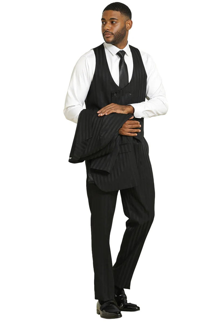 Stacy Adams Modern Fit Black Suit - Vested Tonal Shadow Pinstripe Style at USA Men's Outlet