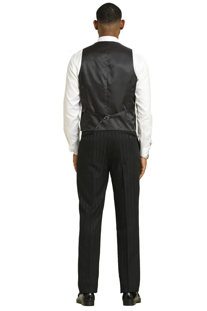 Stacy Adams Modern Fit Black Suit - Vested Tonal Shadow Pinstripe Style at USA Men's Outlet