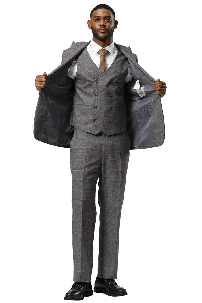 Men's Stacy Adams One Button Peak Lapel Suit With Double Breasted Vest in Grey Glen Plaid