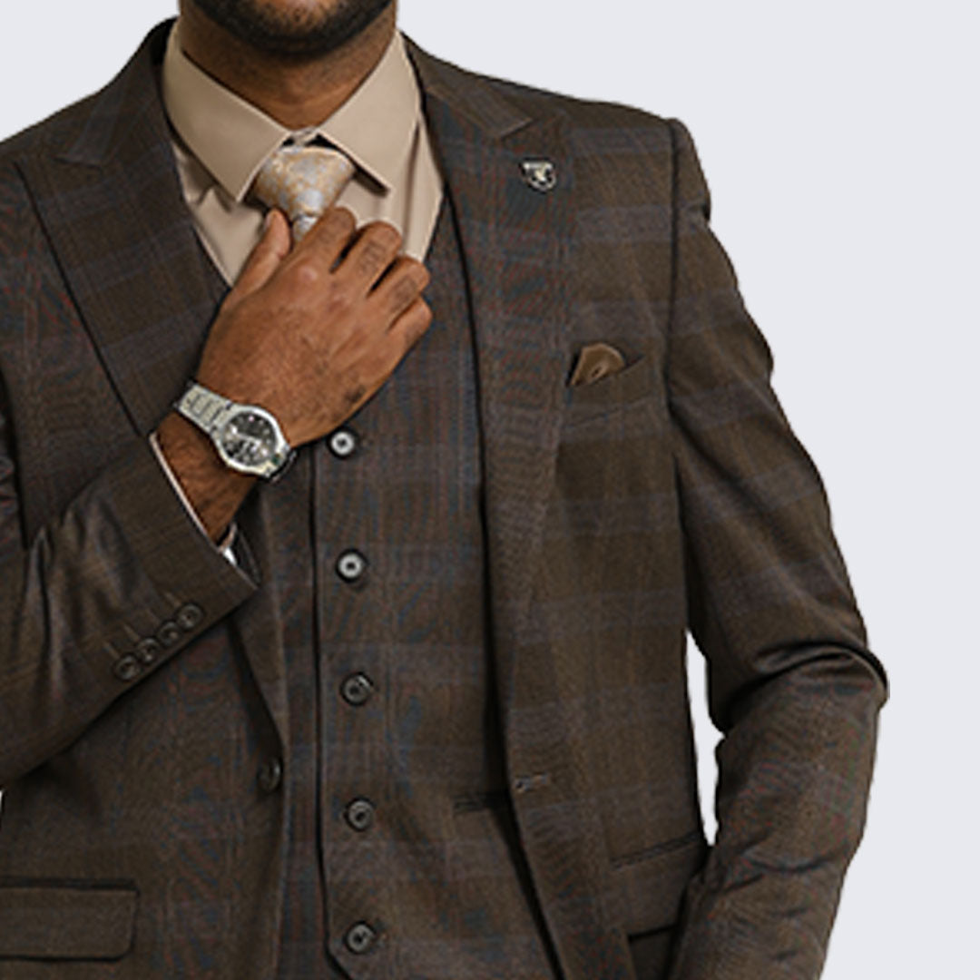 Brown Glen Check Three Piece Suit By Stacy Adams - Wedding - Prom