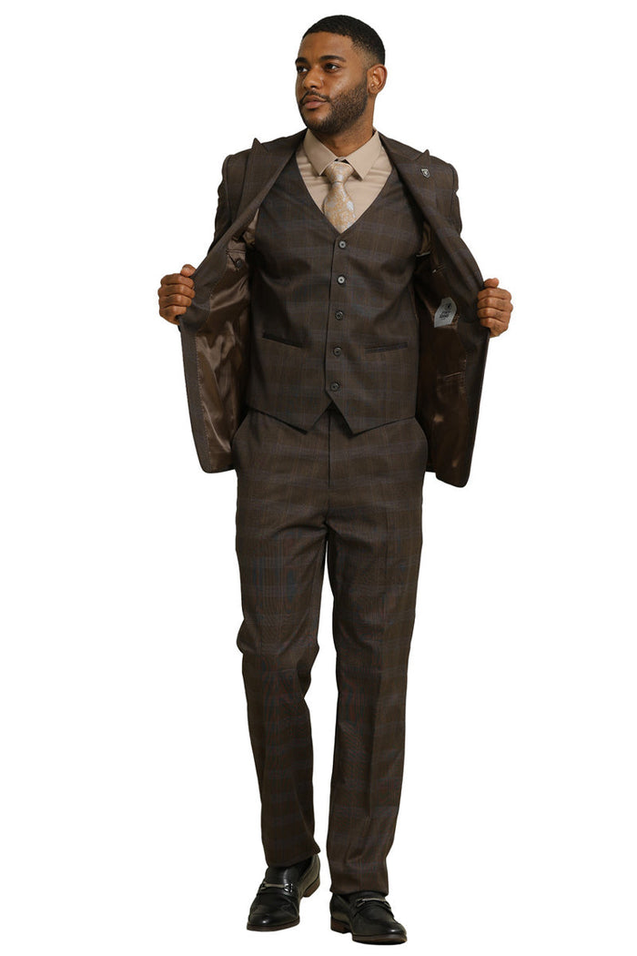 Men's Stacy Adams One Button Vested Peak Lapel Suit in Brown Glen Plaid