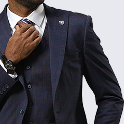 Navy Glen Check Three Piece Suit By Stacy Adams - Wedding - Prom
